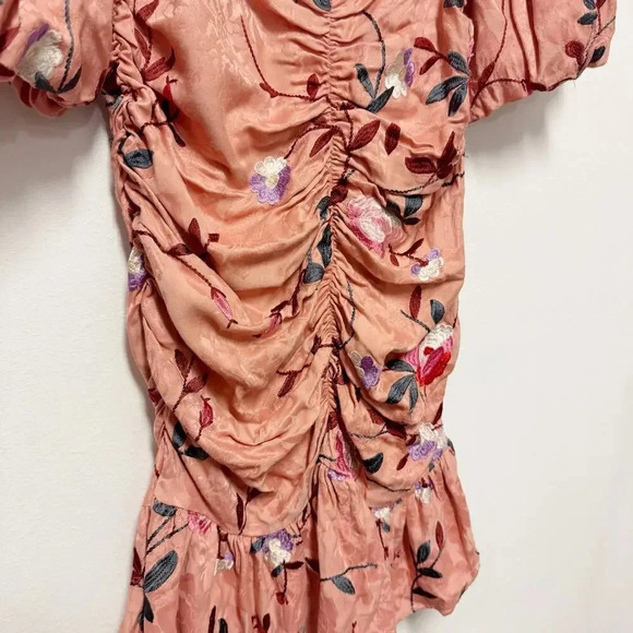 NWOT $229 By TiMo Ruched Floral Embroidered Jacquard Dress - Puff Sleeve Ruffles - Picture 6 of 10